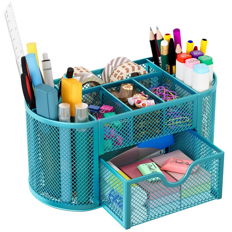 EasyPAG Mesh Pen Holder Desk Organizer with Drawer Stationery Supplies Organizer for Dorm School 9 Compartments Workspace Desk Accessories Organization for Office, Blue - Image 1